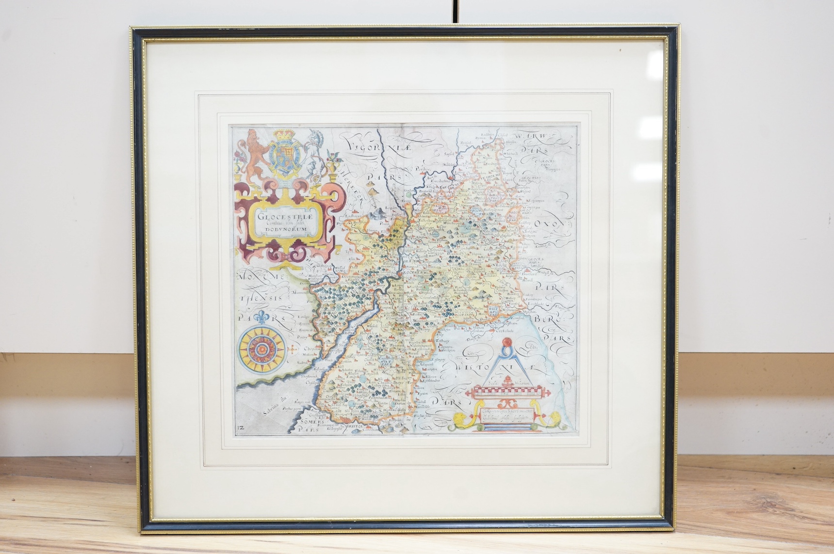 Camden’s Britannia, hand coloured engraved map of Gloucestershire, 29 x 31cm. Condition - fair